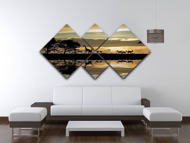 Silhouette of animals in Africa 4 Square Multi Panel Canvas - Canvas Art Rocks - 3