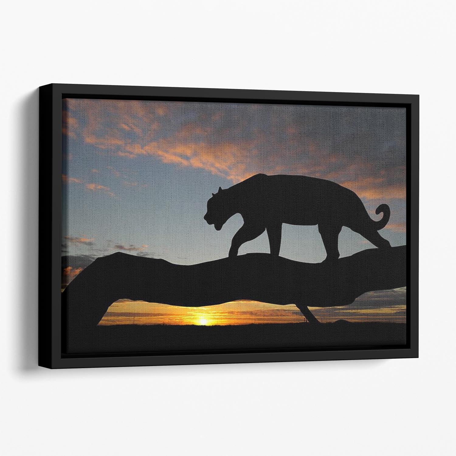 Silhouette of leopard on tree over sunset Floating Framed Canvas - Canvas Art Rocks - 1