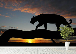 Silhouette of leopard on tree over sunset Wall Mural Wallpaper - Canvas Art Rocks - 4