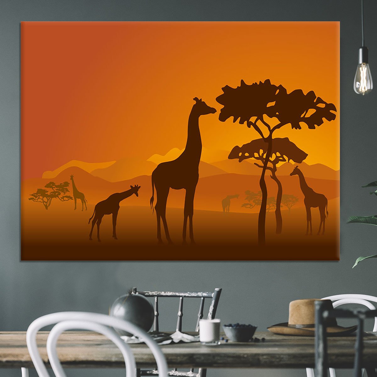 Silhouettes of giraffes in national park of Kenya Canvas Print or Poster