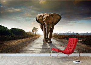 Single elephant walking in a road Wall Mural Wallpaper - Canvas Art Rocks - 2