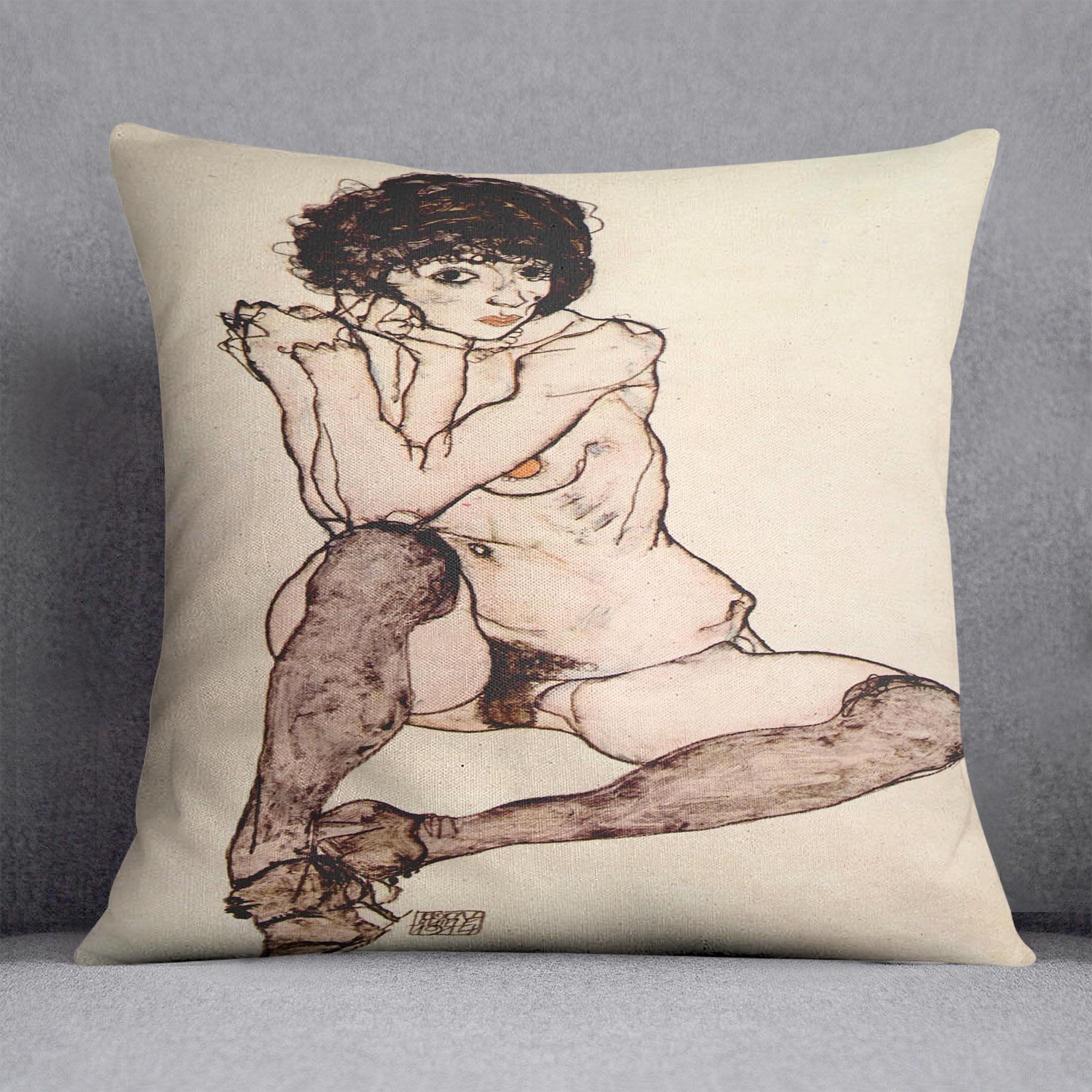 Sitting female nude by Egon Schiele Cushion