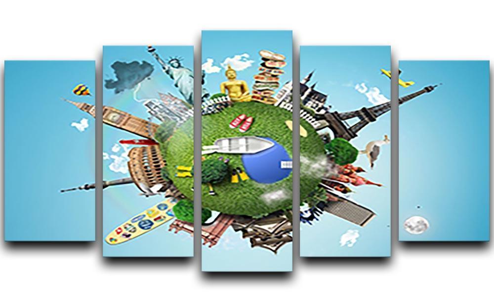 Small planet with landmarks around the world 5 Split Panel Canvas  - Canvas Art Rocks - 1