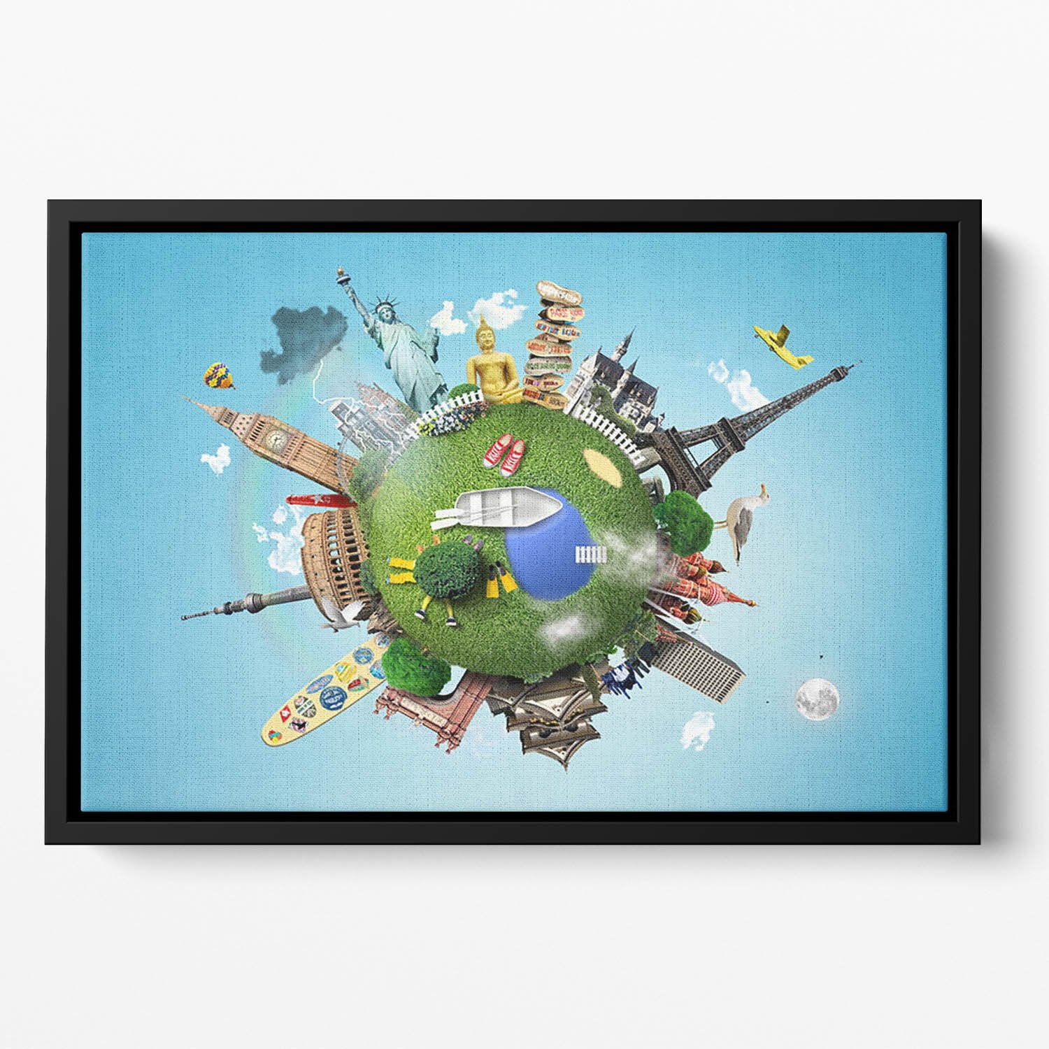 Small planet with landmarks around the world Floating Framed Canvas