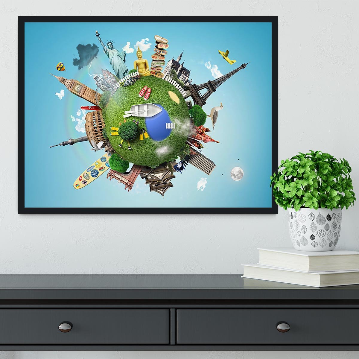 Small planet with landmarks around the world Framed Print - Canvas Art Rocks - 2