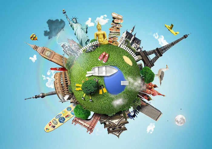 Small planet with landmarks around the world Wall Mural Wallpaper