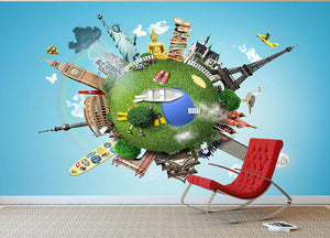 Small planet with landmarks around the world Wall Mural Wallpaper - Canvas Art Rocks - 2