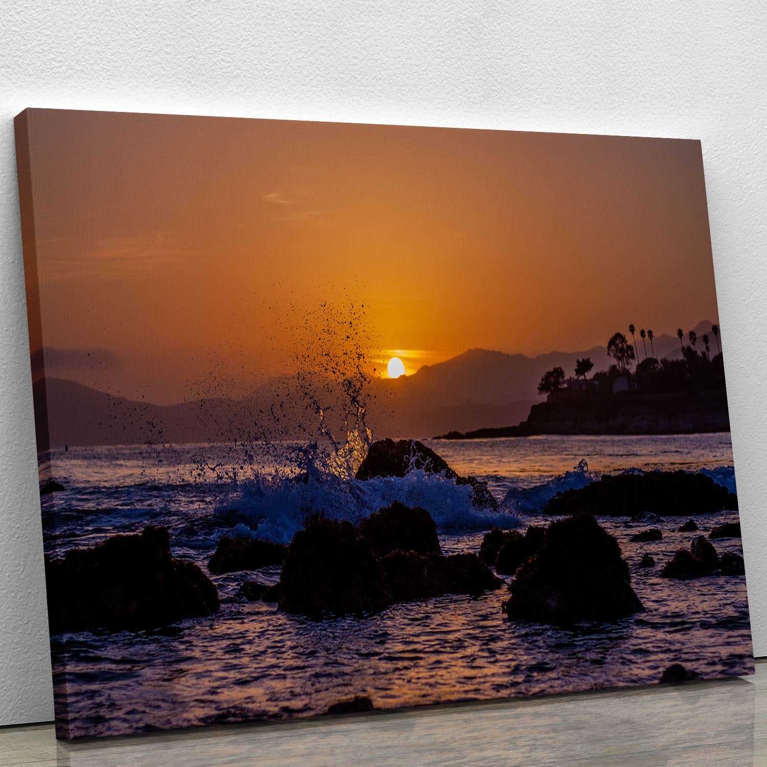Splashing Rocks Beach Sunset Canvas Print or Poster