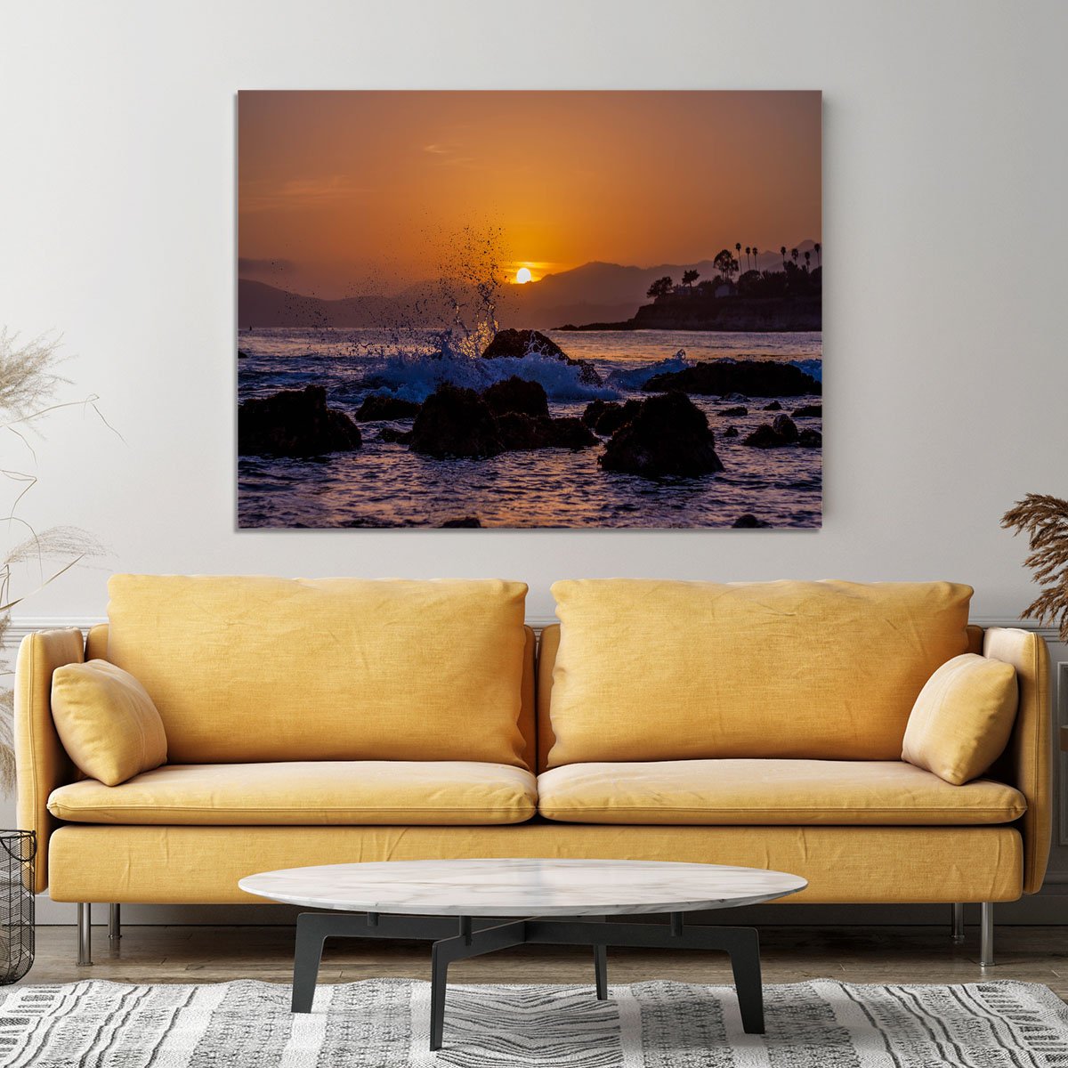 Splashing Rocks Beach Sunset Canvas Print or Poster