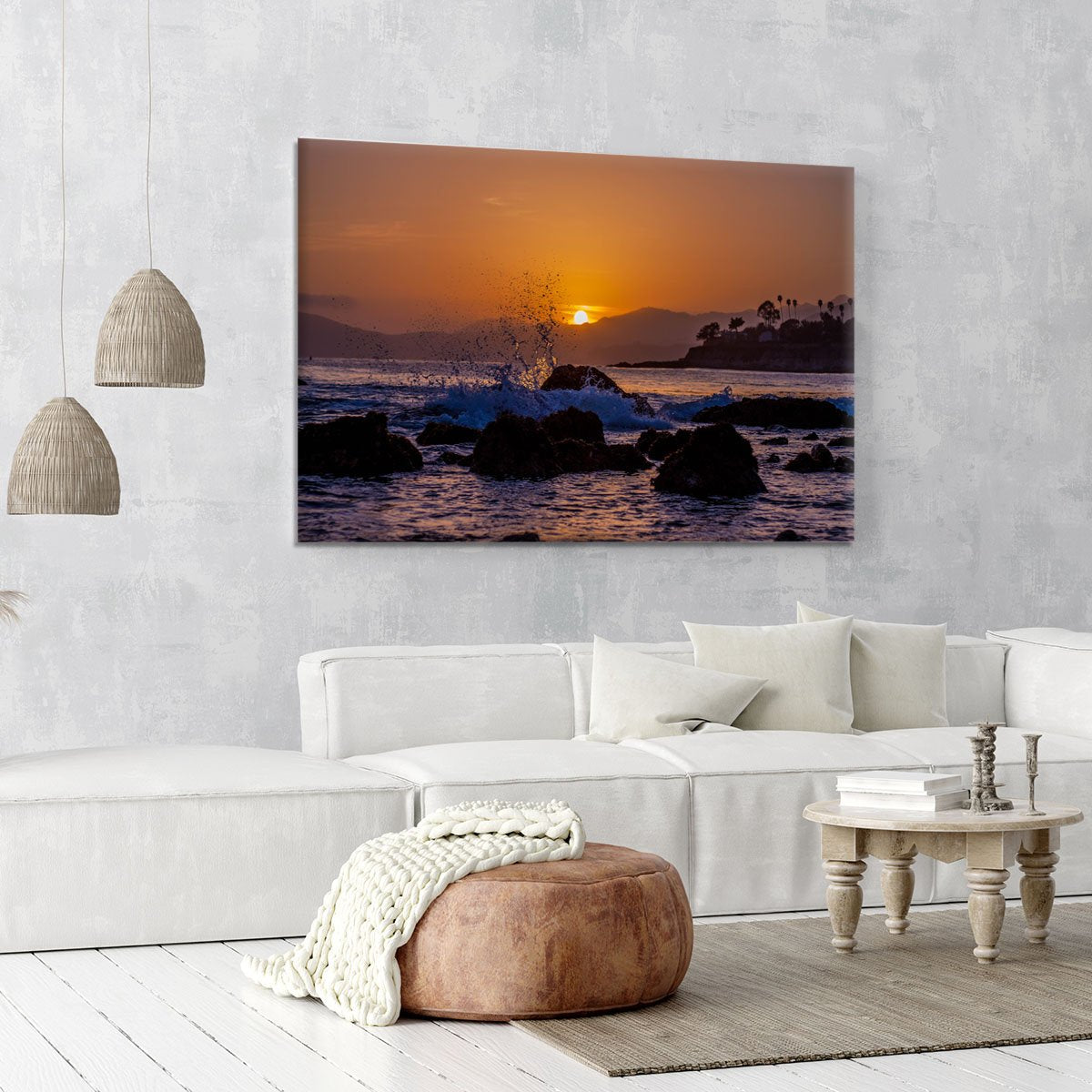 Splashing Rocks Beach Sunset Canvas Print or Poster