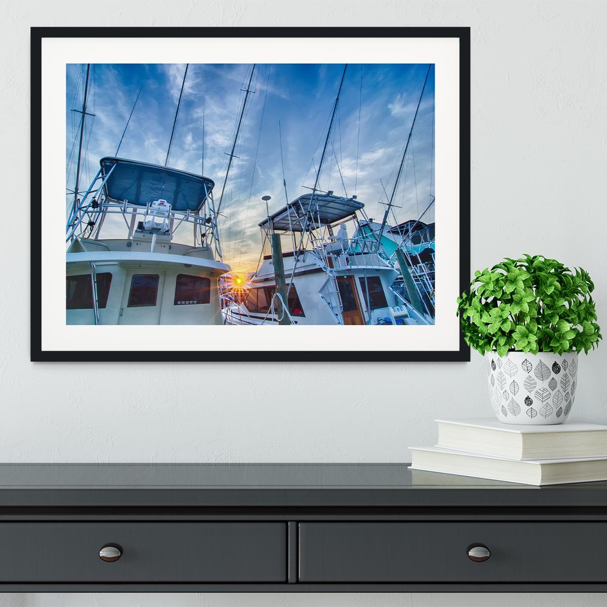 Sportfishing boats at Marina early morning Framed Print - Canvas Art Rocks - 1