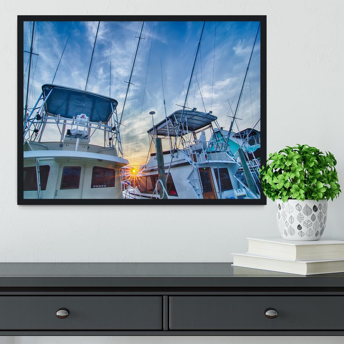 Sportfishing boats at Marina early morning Framed Print - Canvas Art Rocks - 2