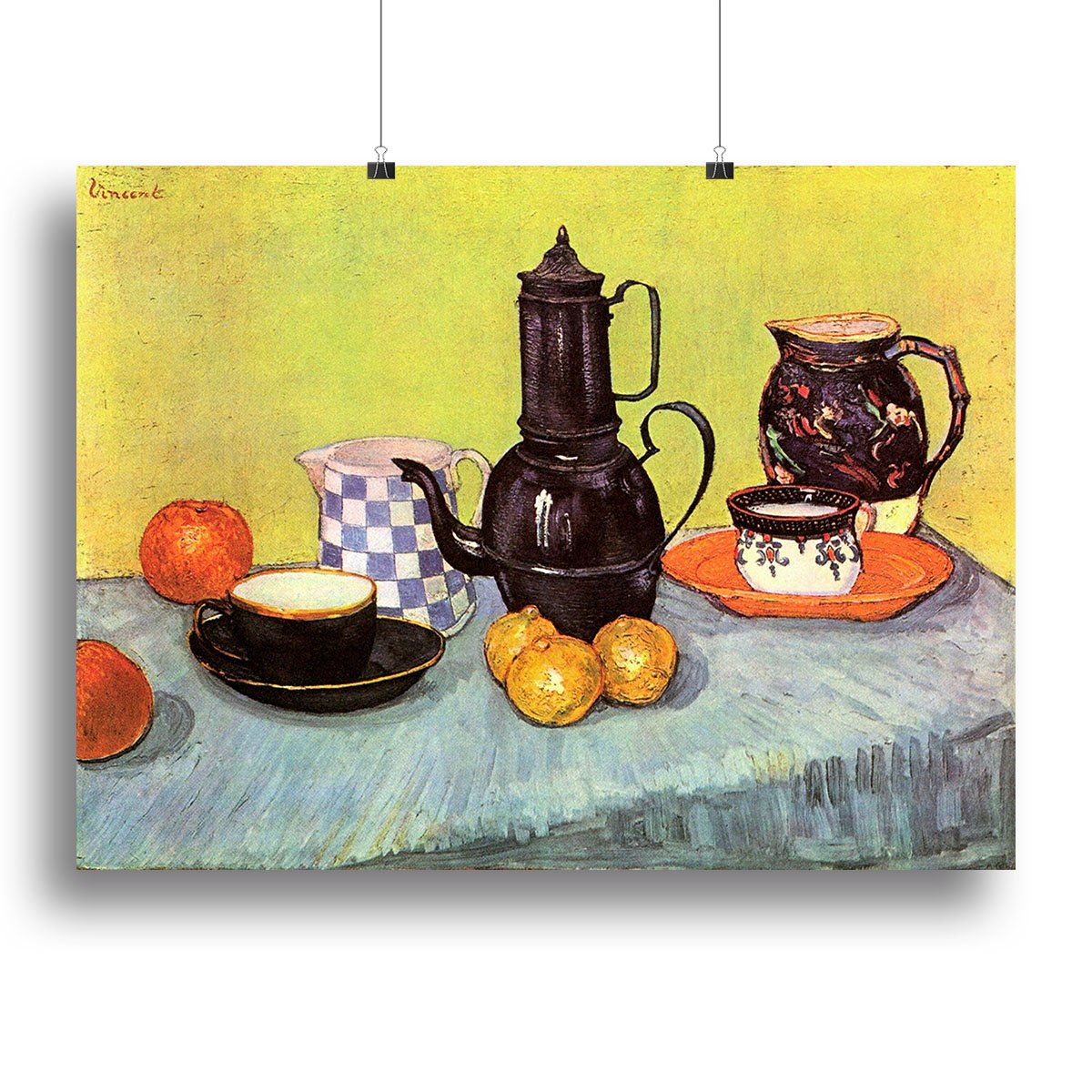 Still Life Blue Enamel Coffeepot Earthenware and Fruit by Van Gogh Canvas Print or Poster