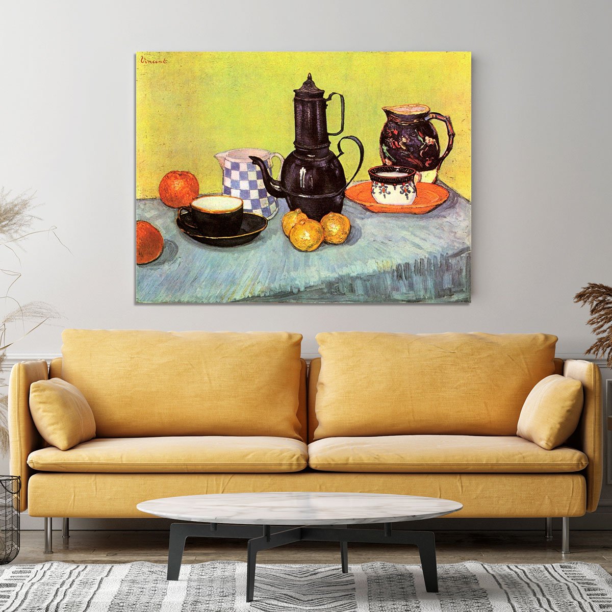 Still Life Blue Enamel Coffeepot Earthenware and Fruit by Van Gogh Canvas Print or Poster