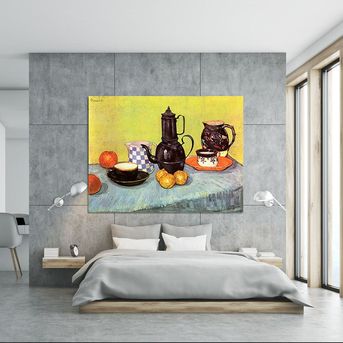Still Life Blue Enamel Coffeepot Earthenware and Fruit by Van Gogh Canvas Print or Poster