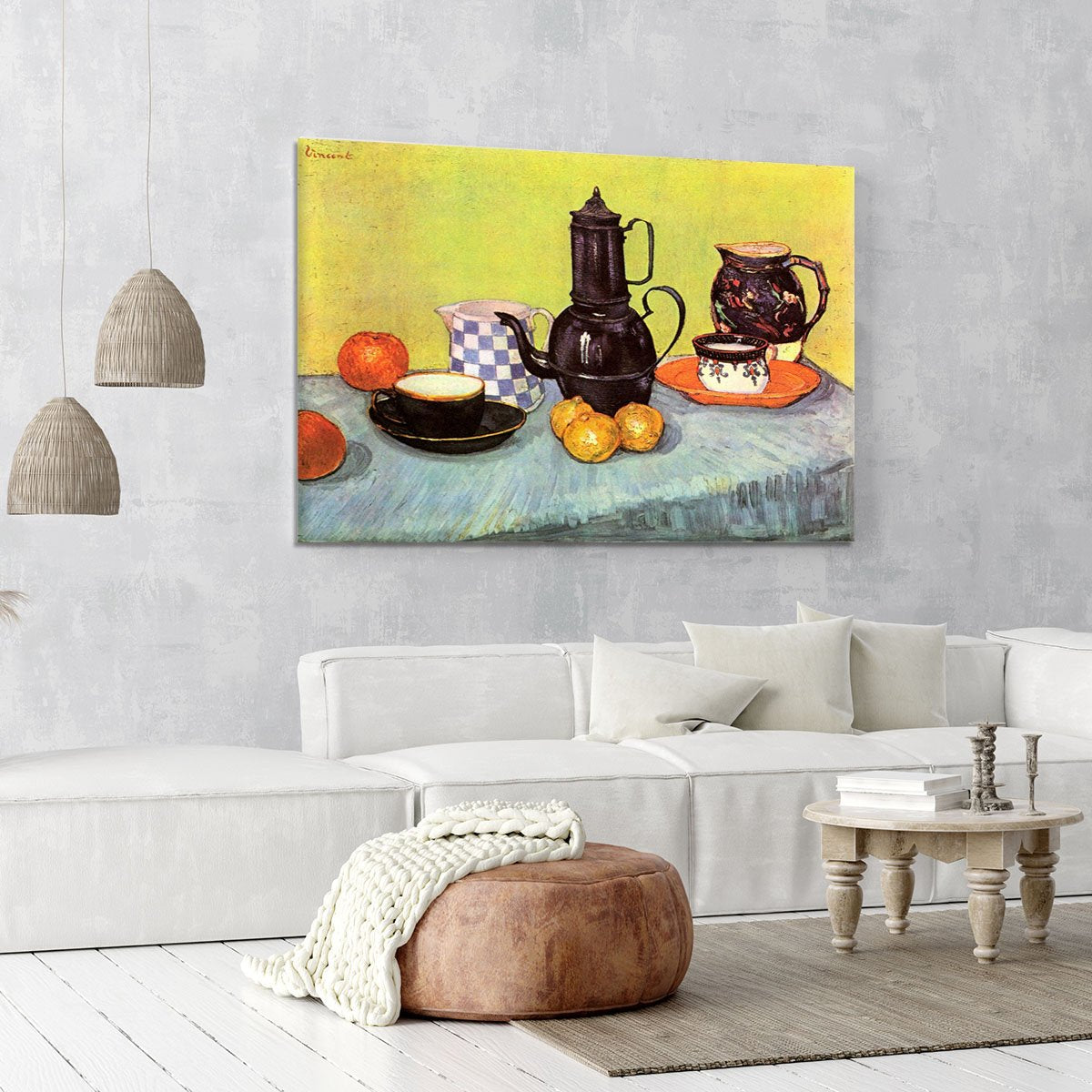 Still Life Blue Enamel Coffeepot Earthenware and Fruit by Van Gogh Canvas Print or Poster