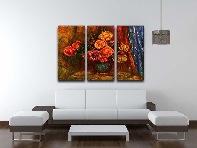 Still life roses before a blue curtain by Renoir 3 Split Panel Canvas Print - Canvas Art Rocks - 3