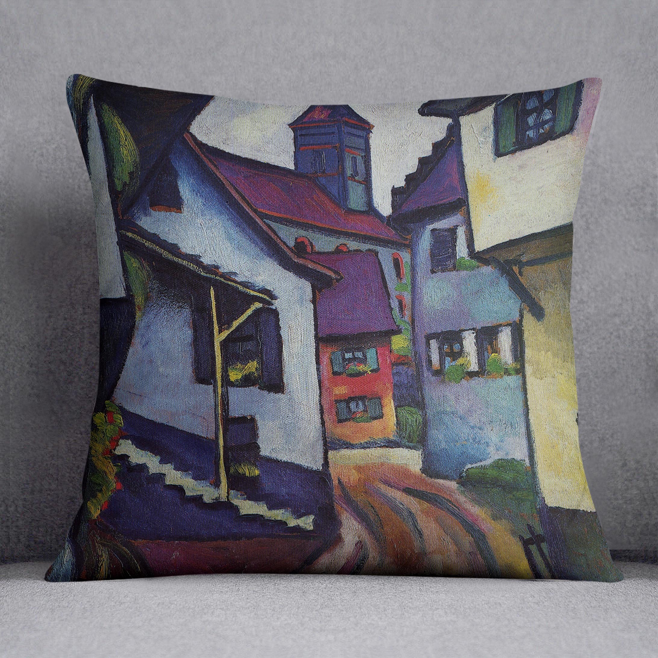 Street with a church in Kandern by Macke Cushion - Canvas Art Rocks - 1