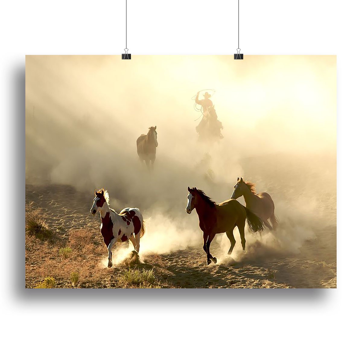 Sunlight Horses and cowboy Canvas Print or Poster