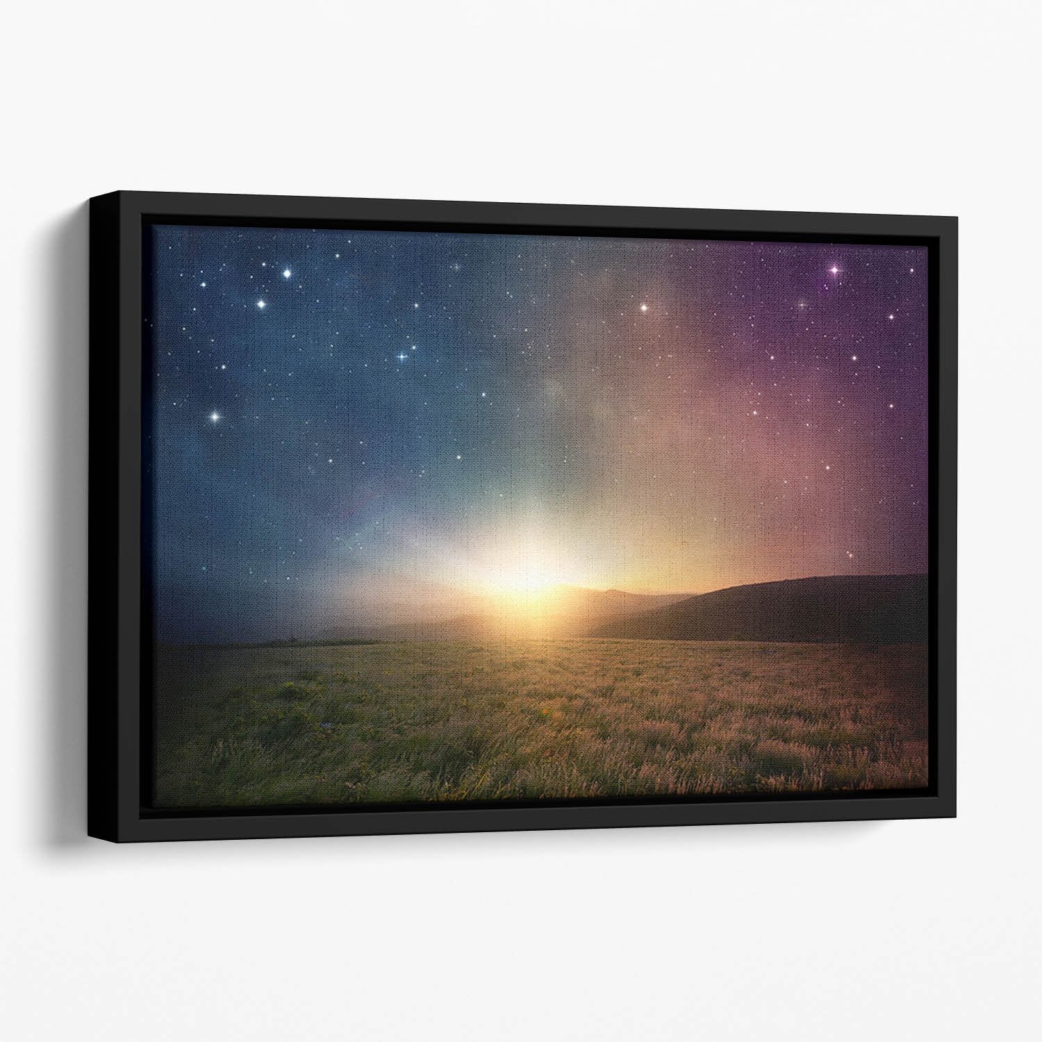 Sunrise with stars and galaxy in night Floating Framed Canvas