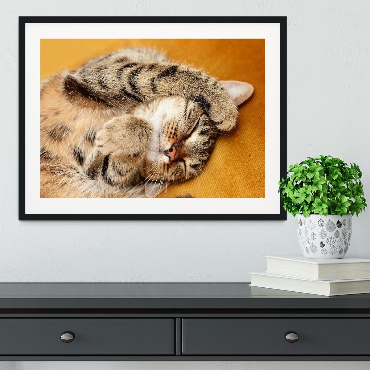 Tabby sweet sleeping on the bed Framed Print - Canvas Art Rocks - 1