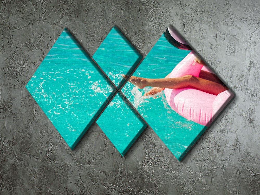 Tan girl sits on inflatable mattress flamingos in the pool 4 Square Multi Panel Canvas - Canvas Art Rocks - 2