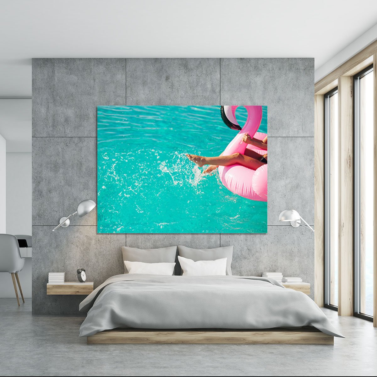 Tan girl sits on inflatable mattress flamingos in the pool Canvas Print or Poster
