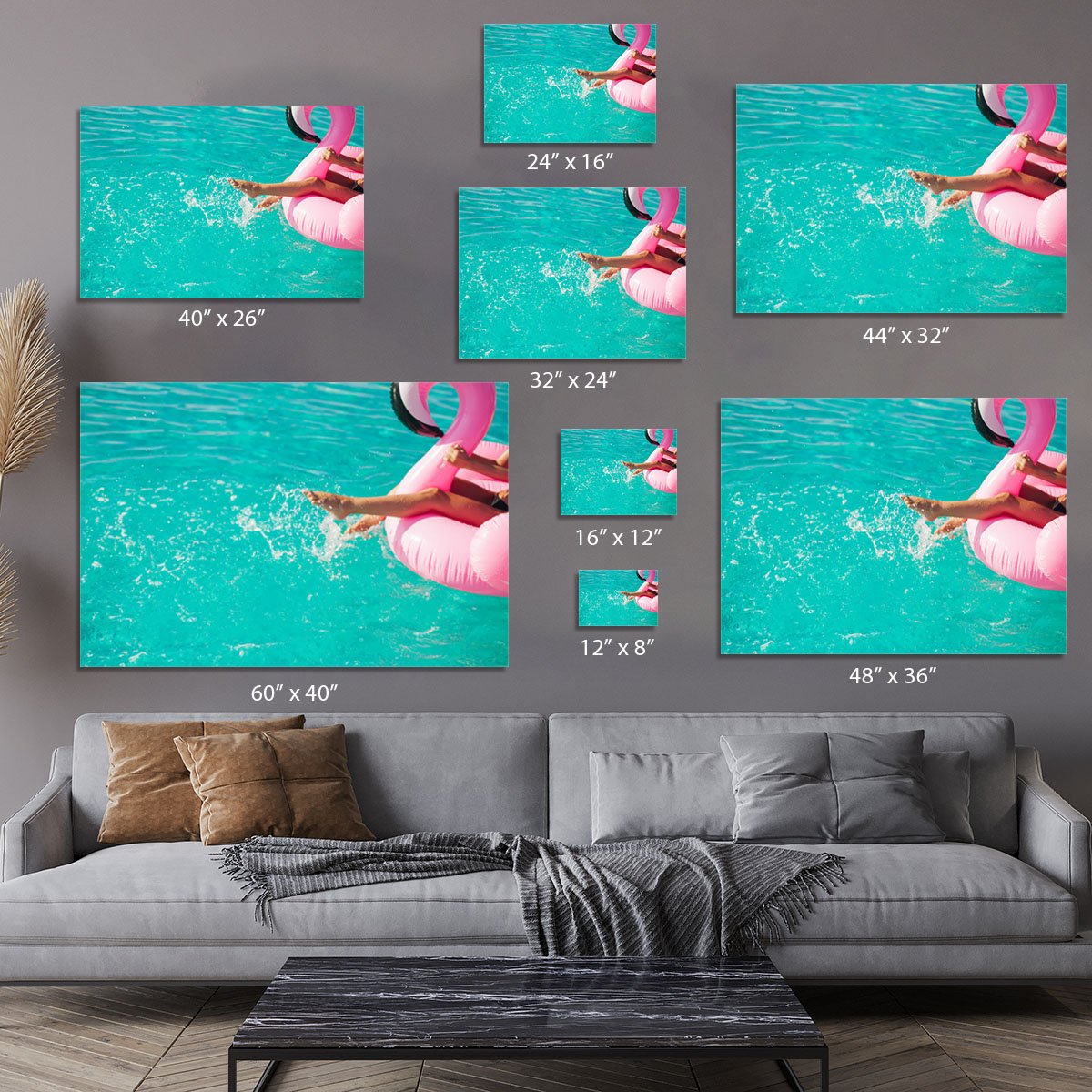 Tan girl sits on inflatable mattress flamingos in the pool Canvas Print or Poster