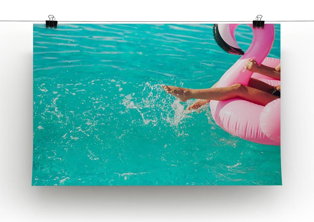 Tan girl sits on inflatable mattress flamingos in the pool Canvas Print or Poster - Canvas Art Rocks - 2