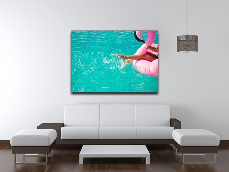 Tan girl sits on inflatable mattress flamingos in the pool Canvas Print or Poster - Canvas Art Rocks - 4
