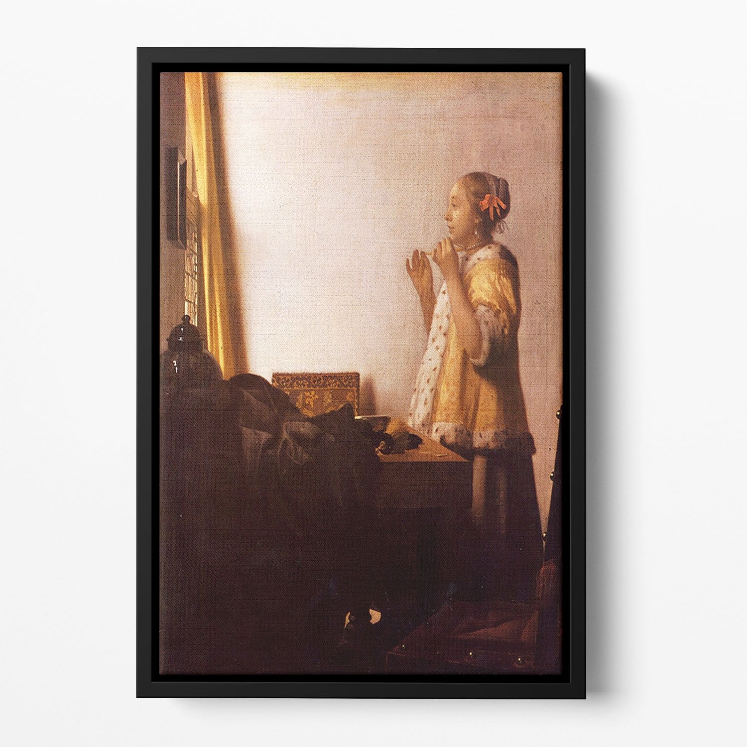 The Pearl Necklace by Vermeer Floating Framed Canvas