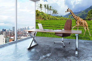 The giraffe goes on a green grass against mountains Wall Mural Wallpaper - Canvas Art Rocks - 3