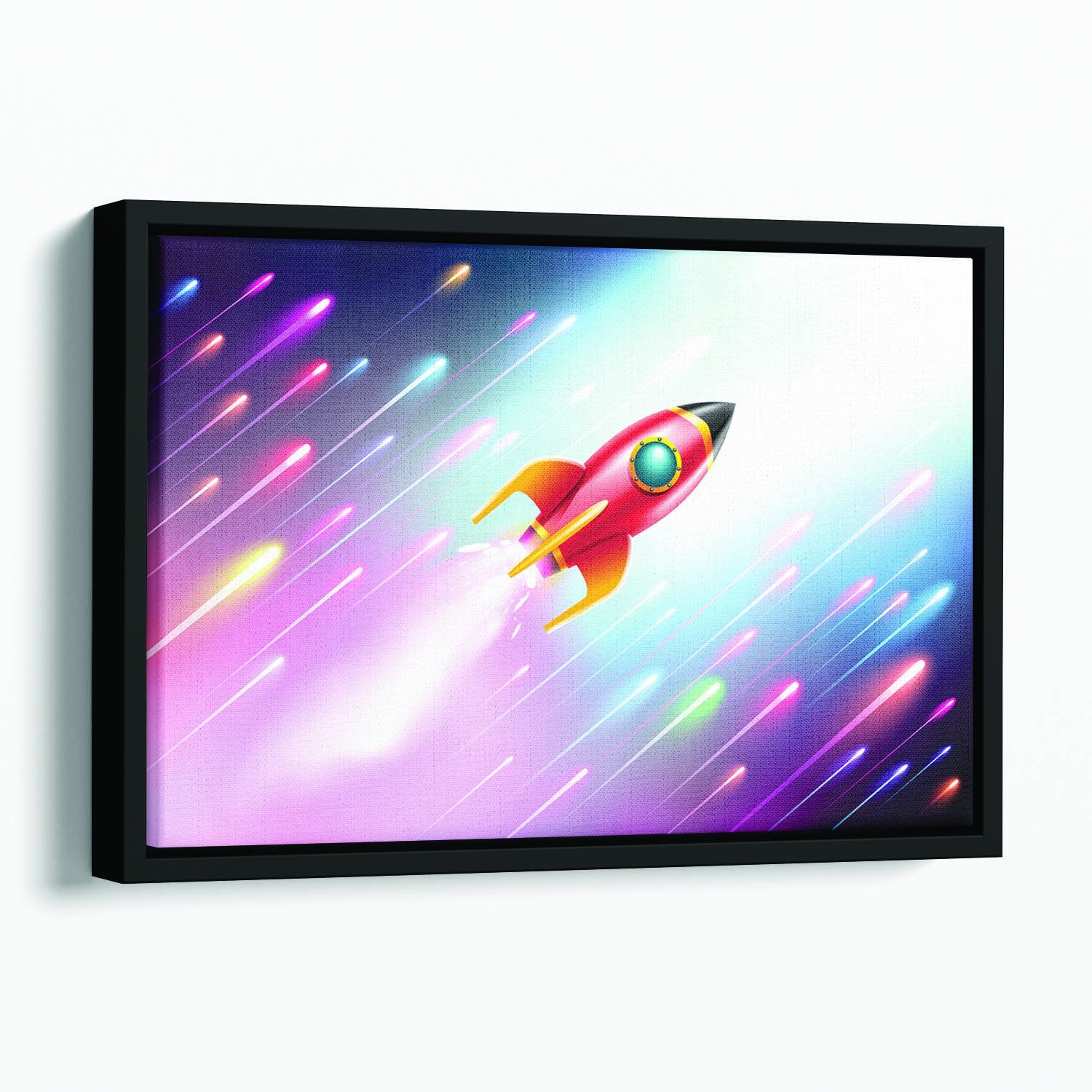 The rocket ship flying in the space Floating Framed Canvas