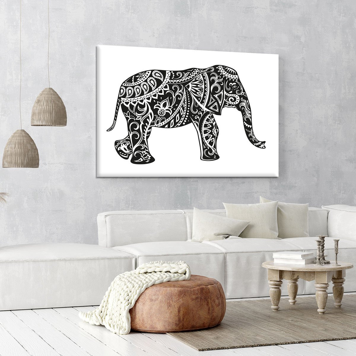 The stylized figure of an elephant in the festive patterns Canvas Print or Poster