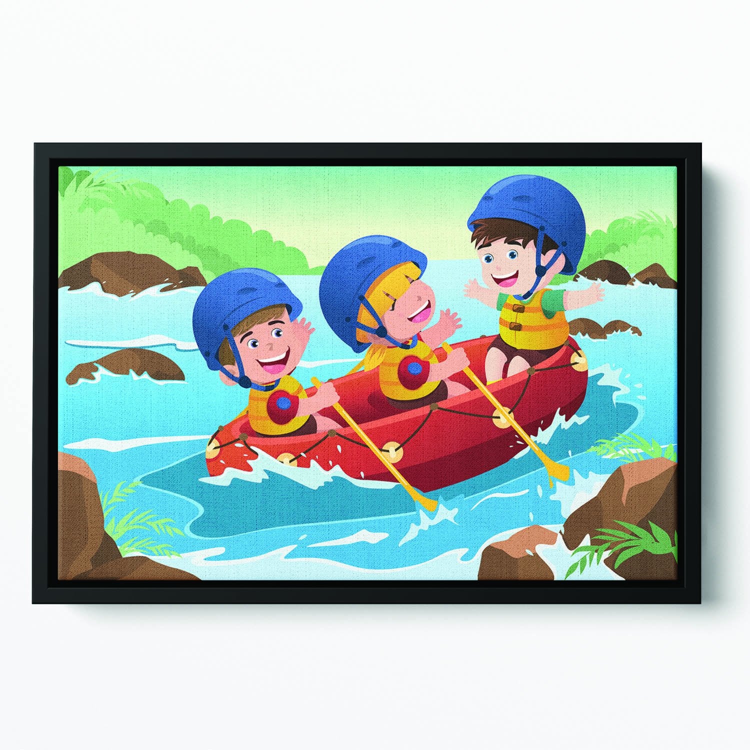 Three happy kids on boat Floating Framed Canvas