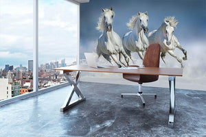 Three white horse run gallop in snow Wall Mural Wallpaper - Canvas Art Rocks - 3
