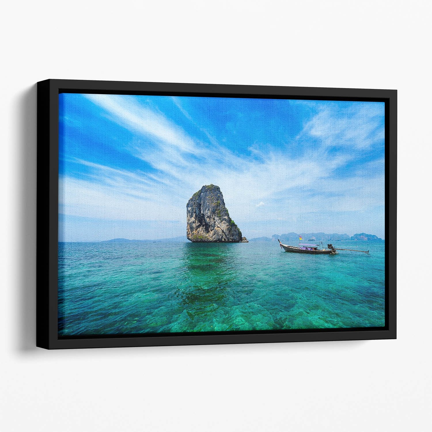 Traditional Thai boat in the blue sea Floating Framed Canvas
