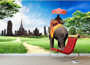 Travel concept tourists on an elephant Wall Mural Wallpaper - Canvas Art Rocks - 2