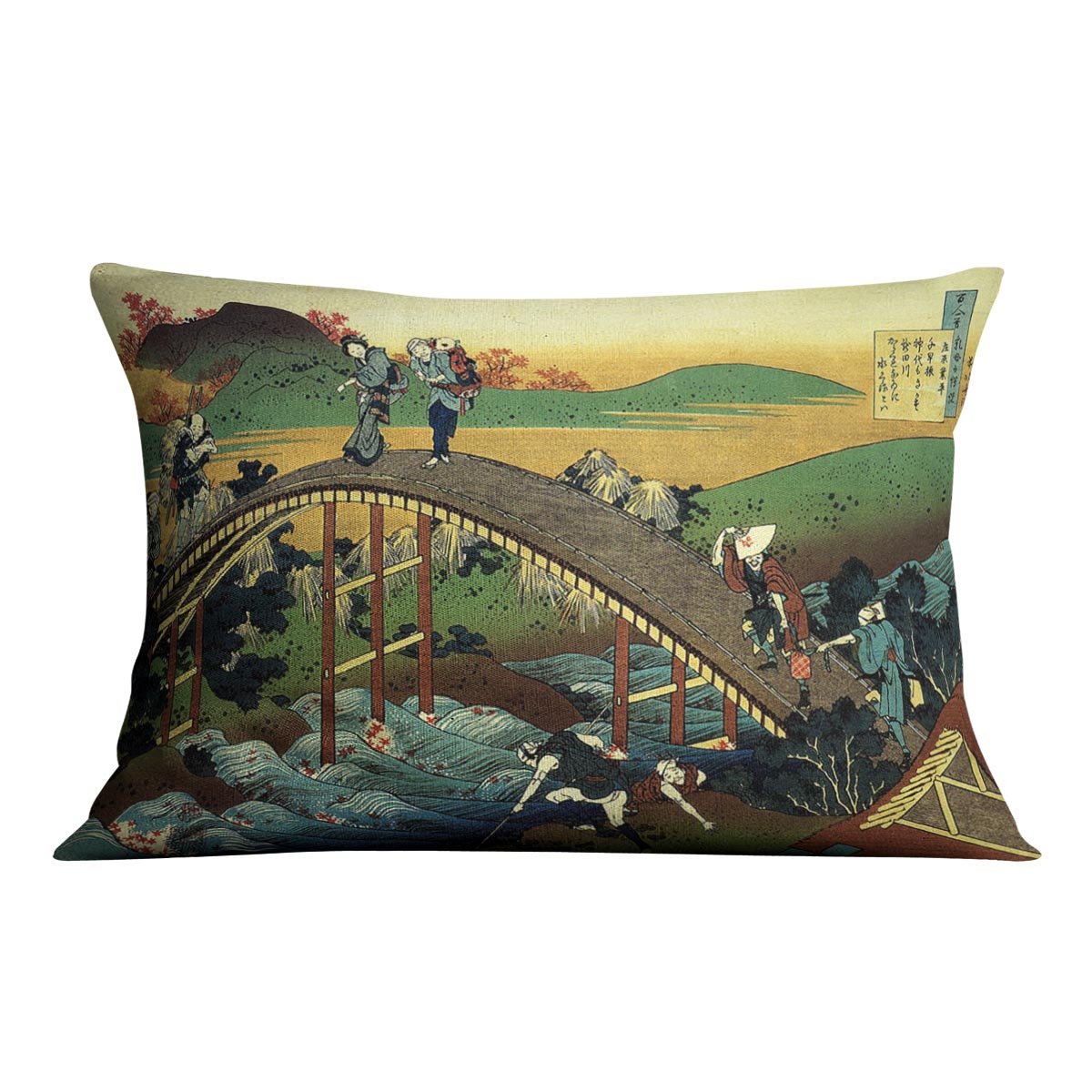 Travellers on the bridge near the waterfall of Ono by Hokusai Throw Pillow