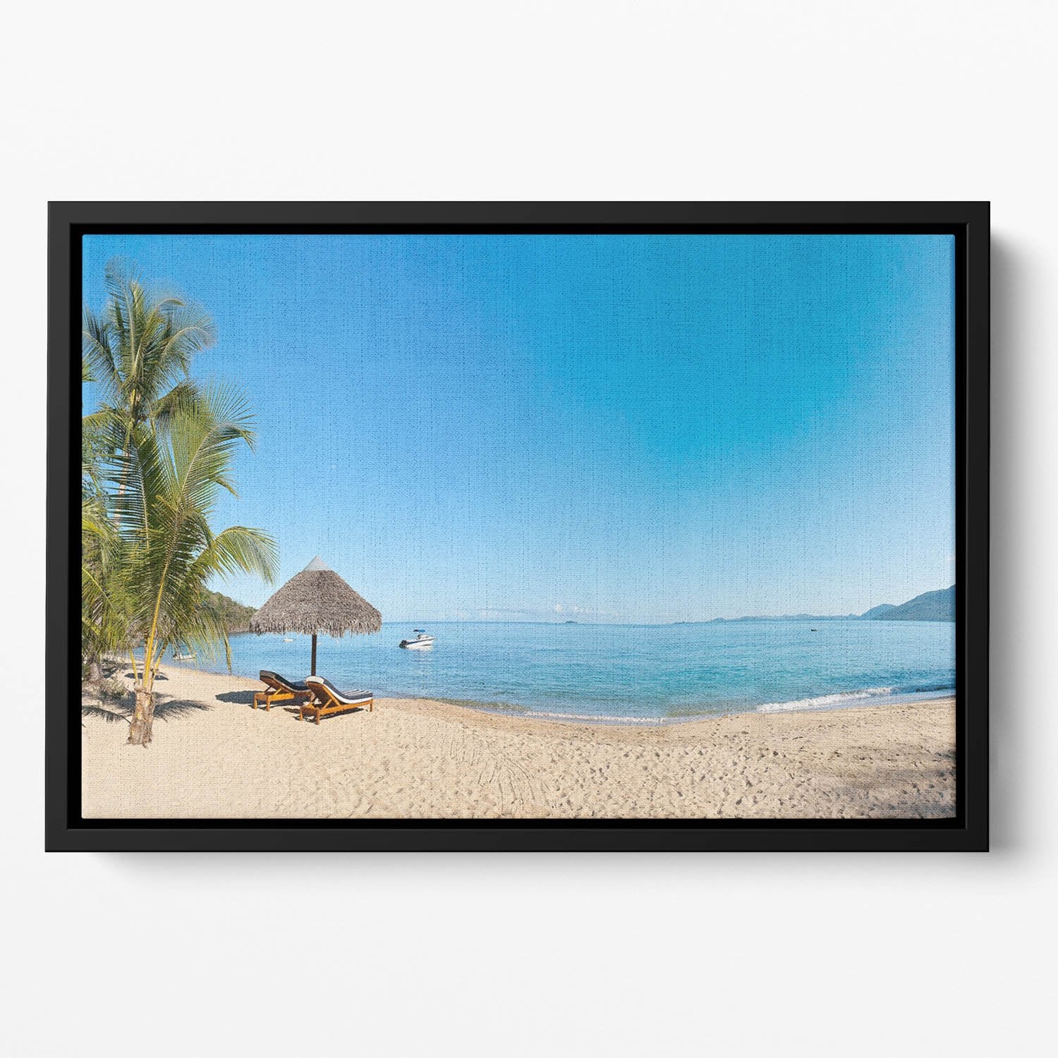 Tropical beach panorama with deckchairs Floating Framed Canvas