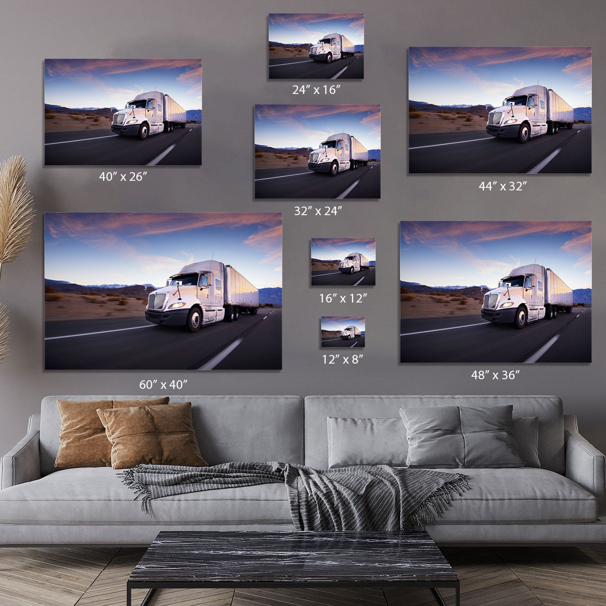 Truck and highway at sunset Canvas Print or Poster
