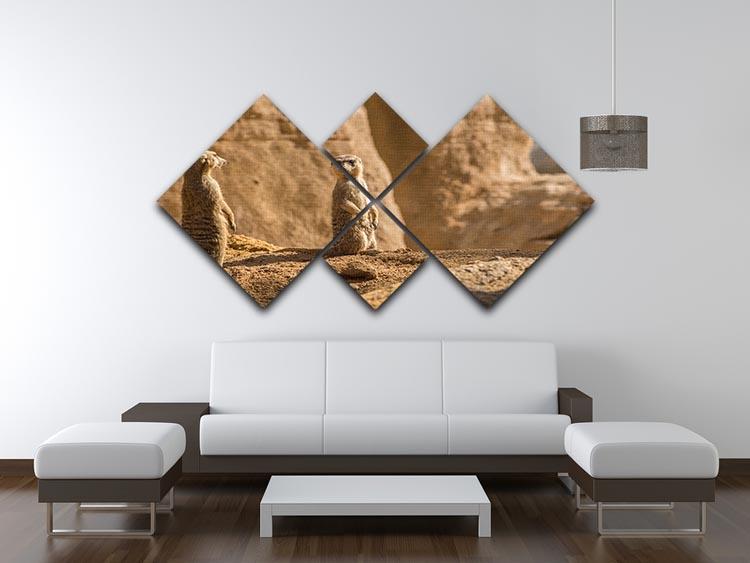 Two alert Meerkats in the desert 4 Square Multi Panel Canvas - Canvas Art Rocks - 3