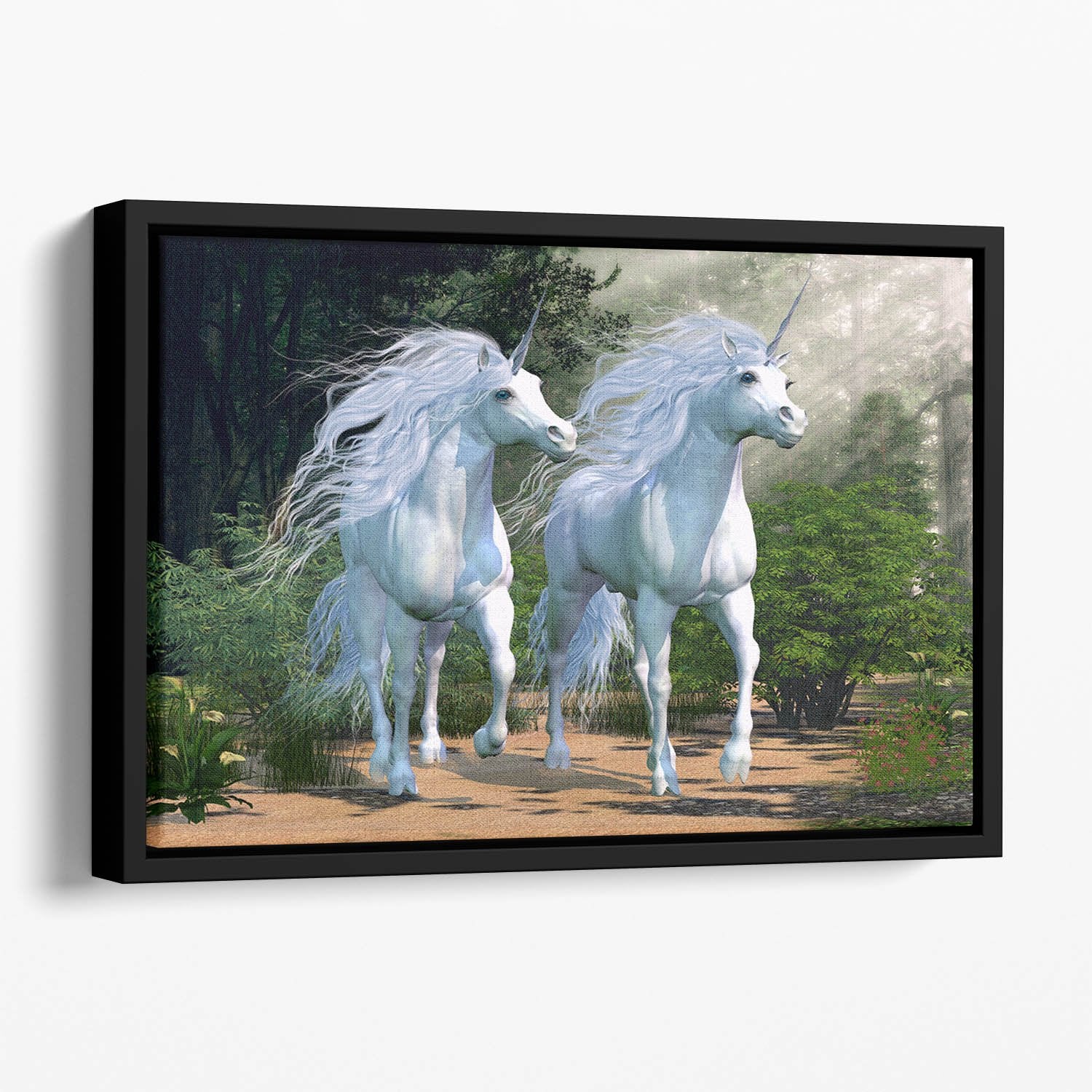 Two buck unicorns run together Floating Framed Canvas