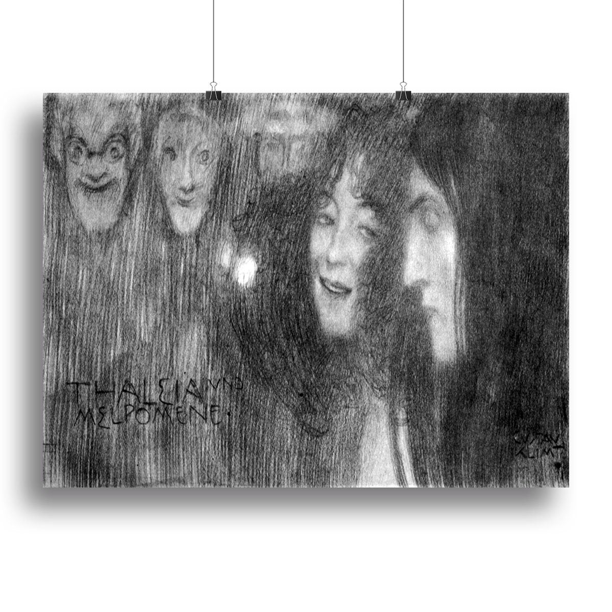 Two girls heads in profile and masks Thalia and Melpomene by Klimt Canvas Print or Poster
