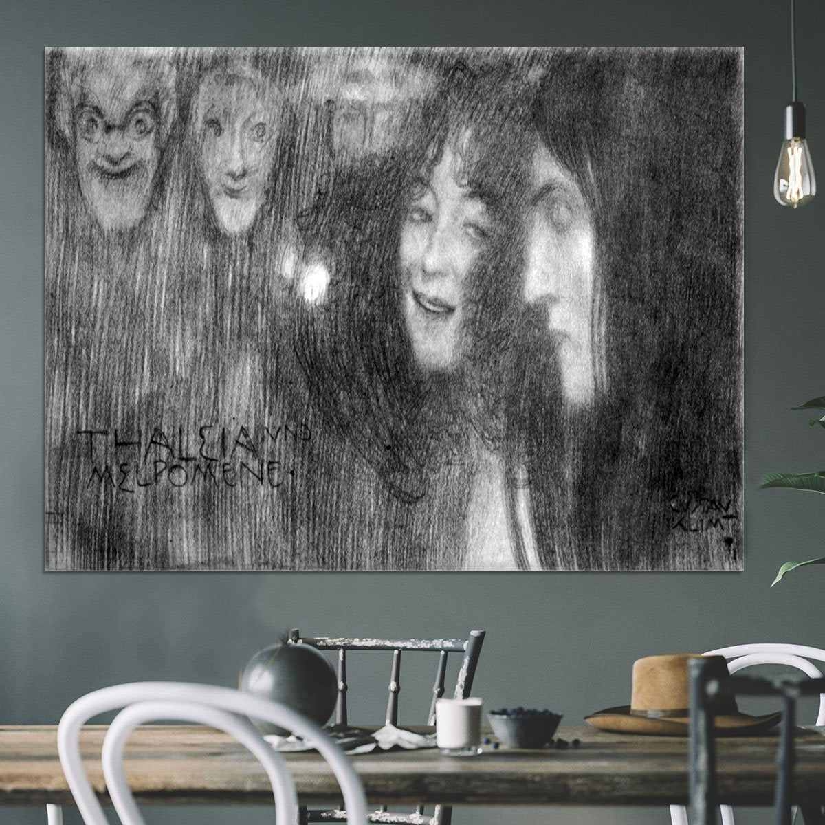 Two girls heads in profile and masks Thalia and Melpomene by Klimt Canvas Print or Poster