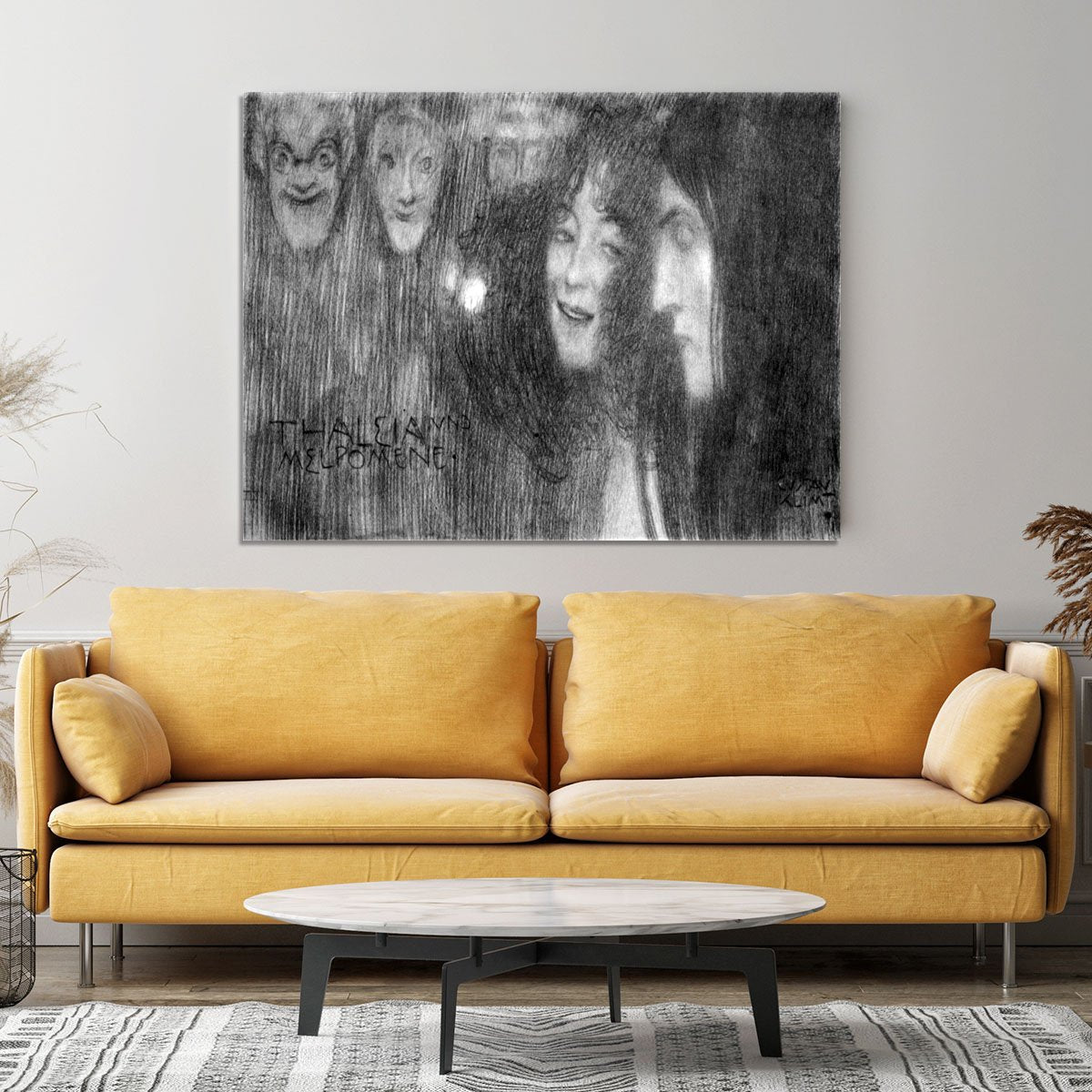 Two girls heads in profile and masks Thalia and Melpomene by Klimt Canvas Print or Poster