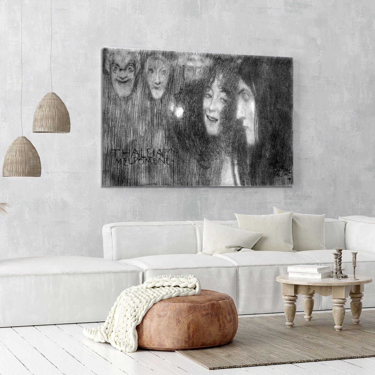 Two girls heads in profile and masks Thalia and Melpomene by Klimt Canvas Print or Poster