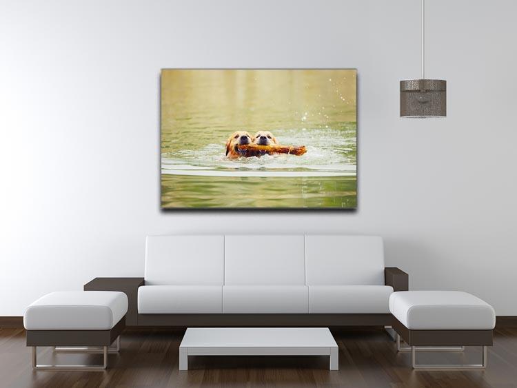 Two golden retrievers dogs are swimming with stick Canvas Print or Poster - Canvas Art Rocks - 4