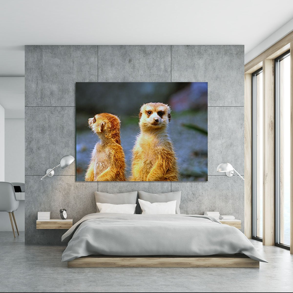 Two meerkats watching over their family in zoo Canvas Print or Poster