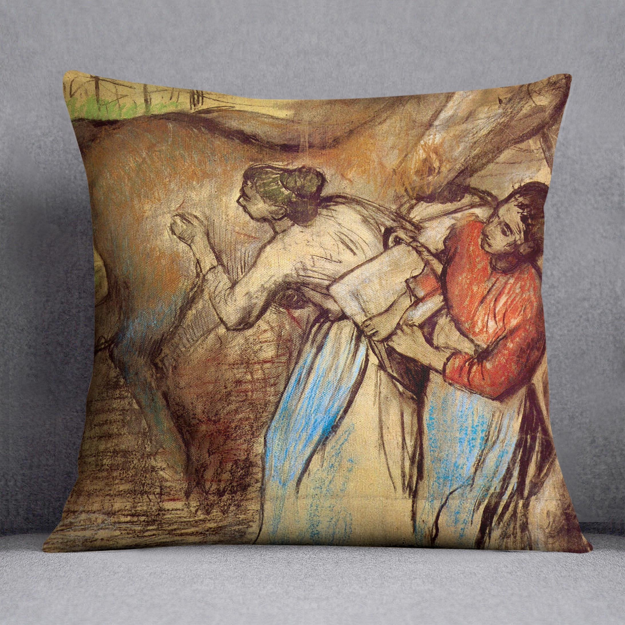 Two women washing horses by Degas Cushion